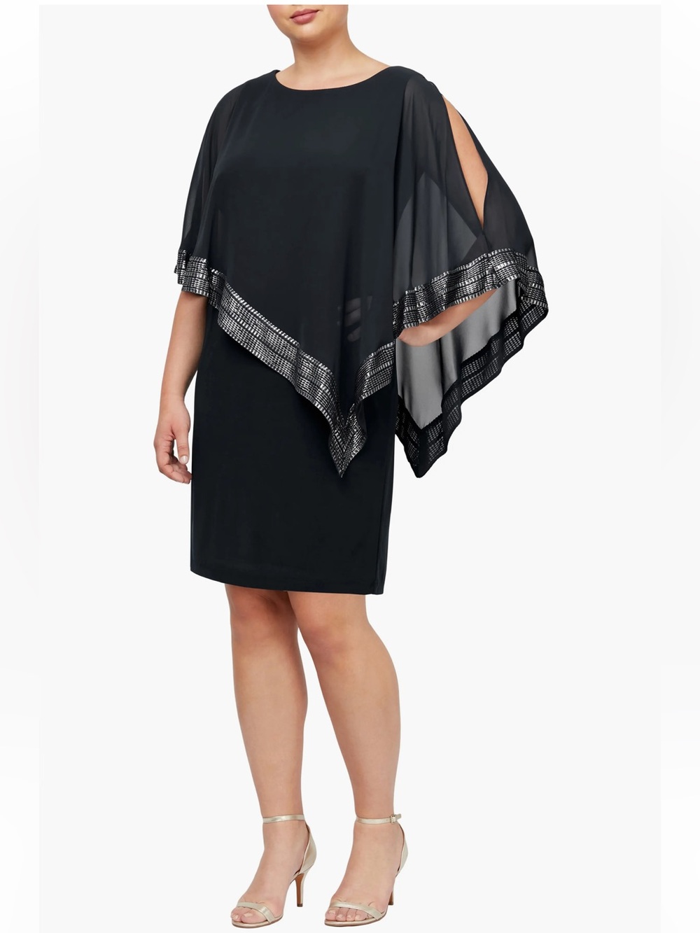 SLNY Metallic Trim Capelet Dress Black Silver 14